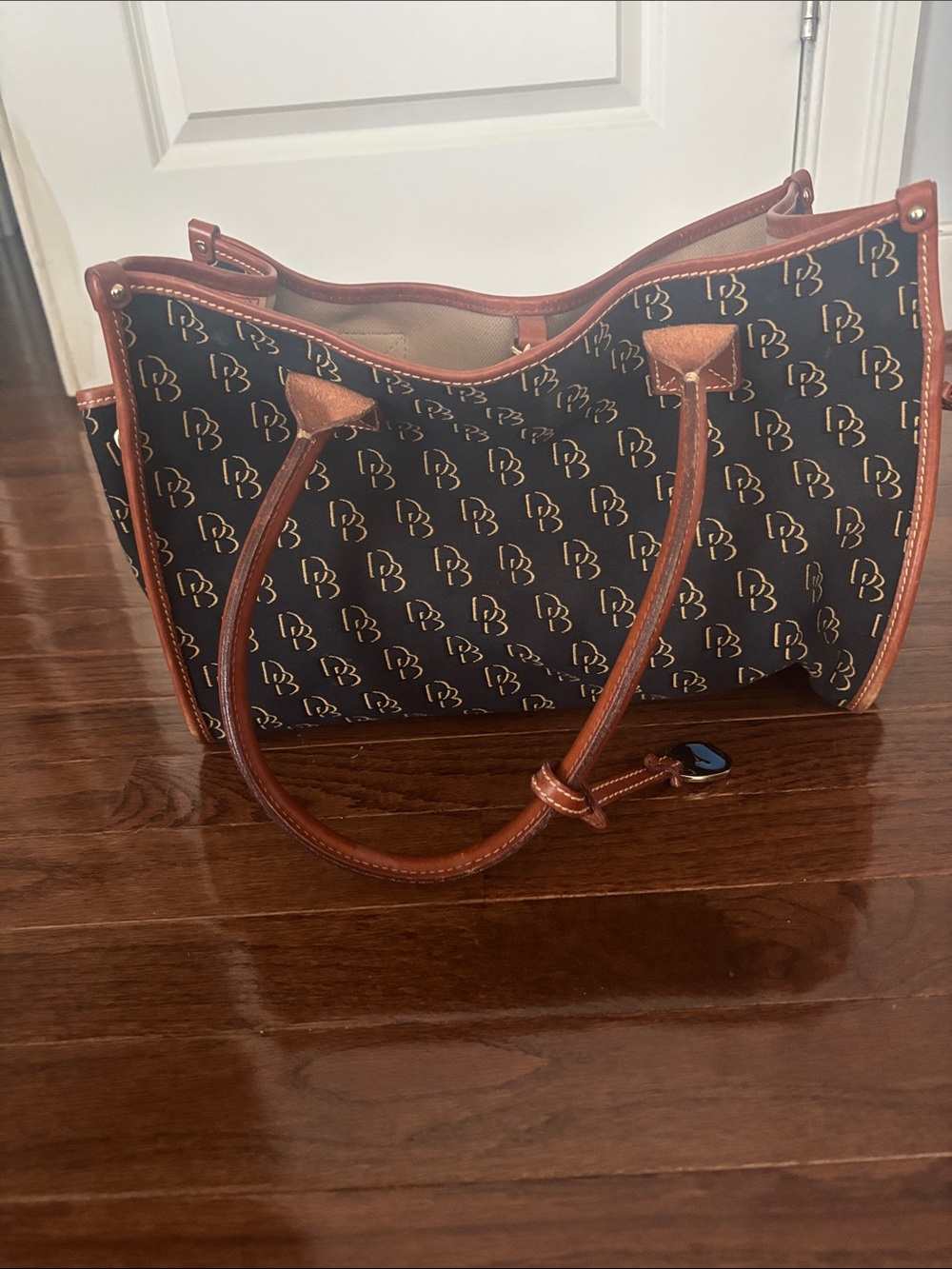 Dooney & Bourke Black Monogram Tote with Brown Trim (Vintage)